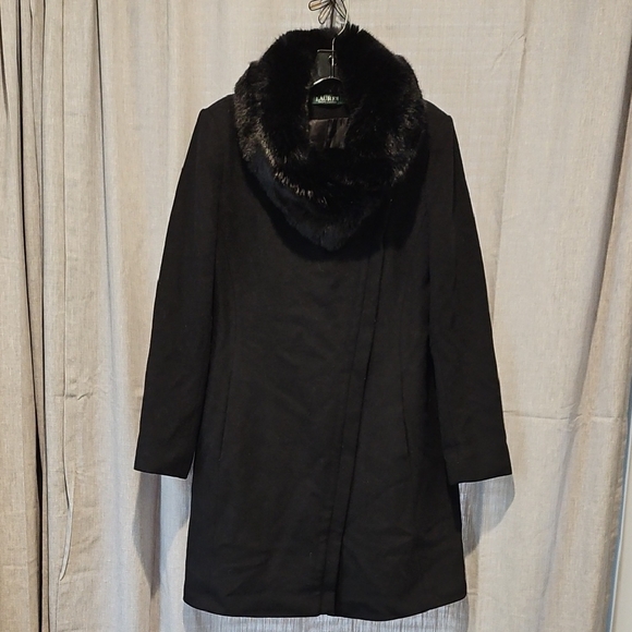 Ralph Lauren Long Black Wool Coat with Plush Fur Collar and Textured Fabric